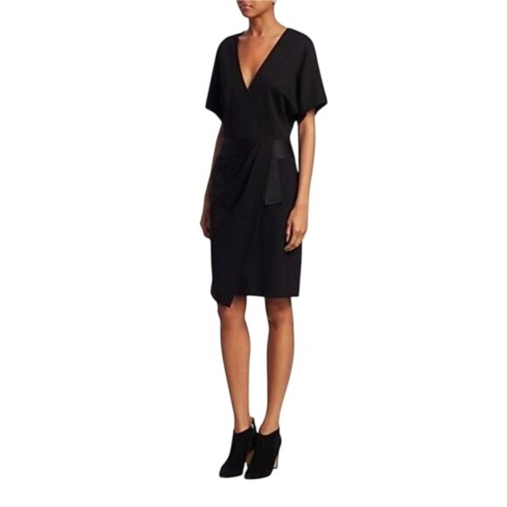 Halston Faux Wrap Dress 14 Black Dolman Sleeve Drape Designer LBD Formal Luxury